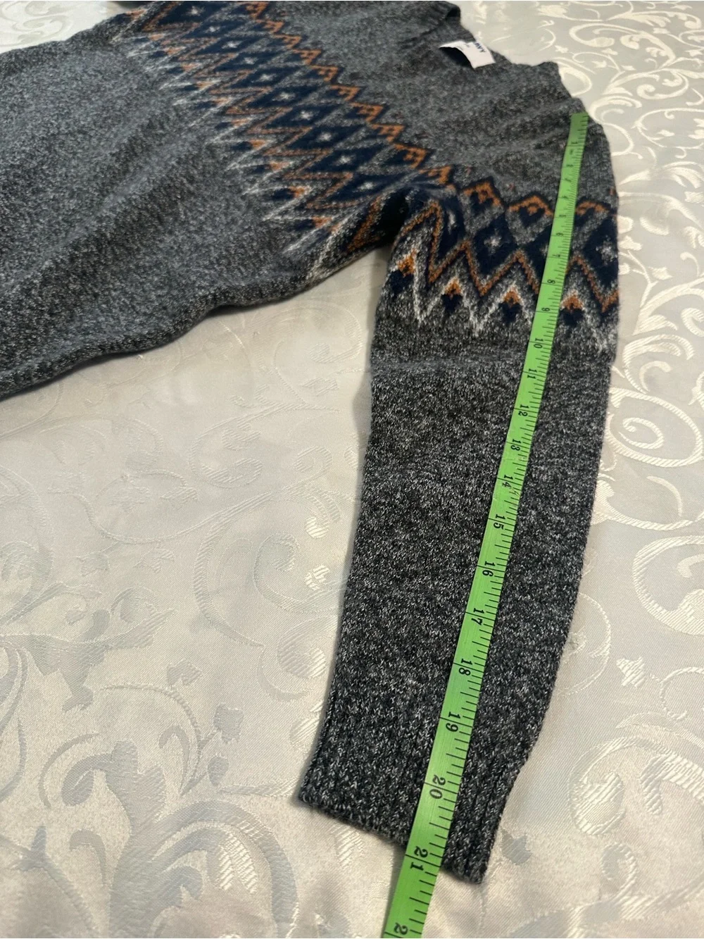 Old Navy Boy’s Charcoal Fair Isle Crewneck Sweater with Navy & Brown Pattern